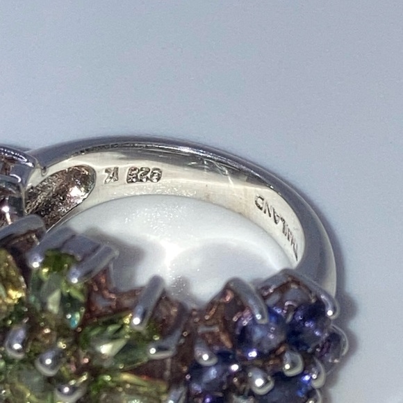 STERLING Amethyst Peridot Cocktail Silver Ring Huge 3 Flower Sz 5 Vintage - Picture 8 of 11